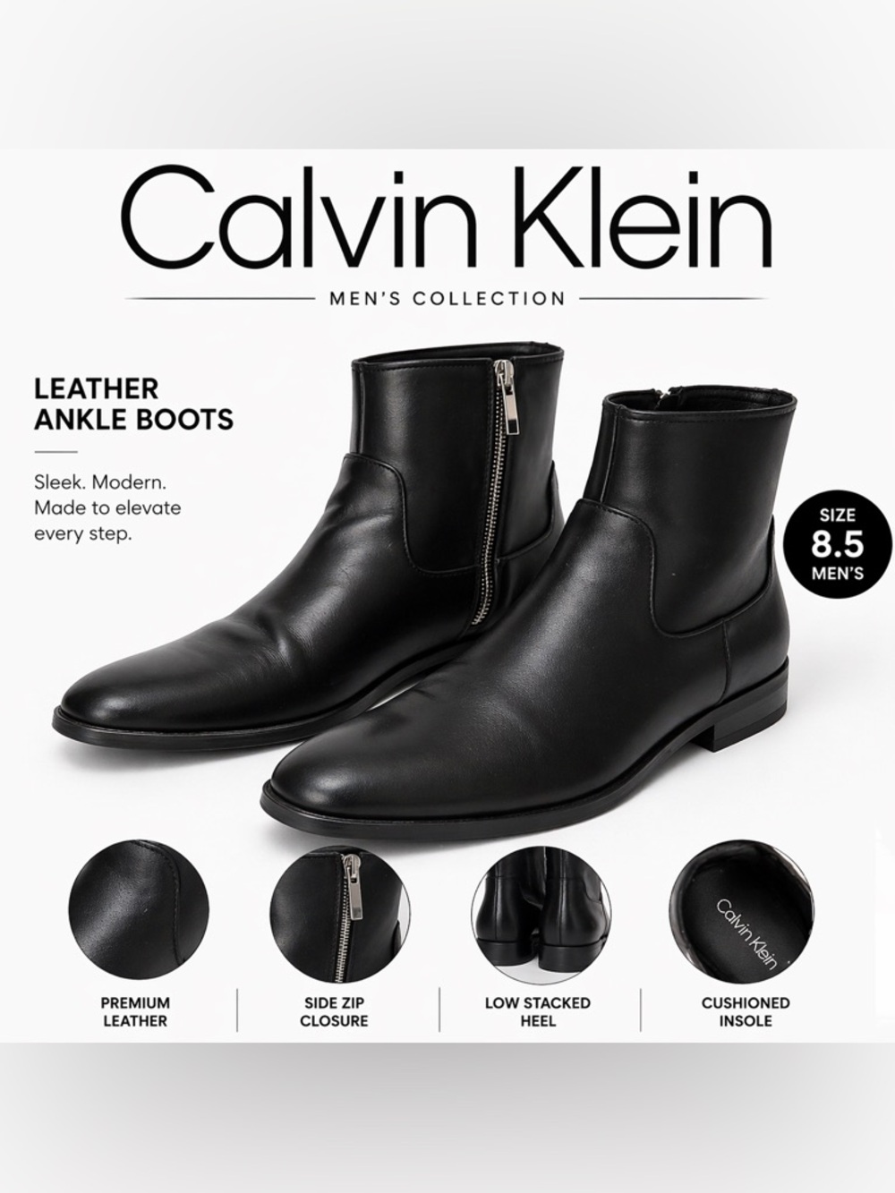 Calvin Klein Men’s Black Leather Side-Zip Ankle Boots